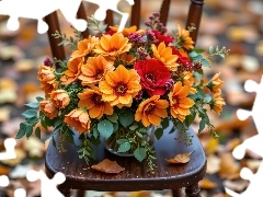 Bukiet, Krzesło, Liście, Kwiaty