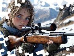 Góry, Zima, Dziewczyna, Karabin, Niebieskooka
