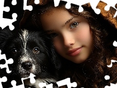 Czarny, Pies, Dziewczynka, Kaptur, Długowłosa