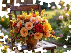 Kwiaty, Wazon, Krzesło, Róże