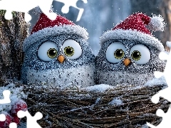 Czapki, Grafika AI, Gniazdo, Drzewo, Sowy