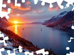 Rzeka, Zachód słońca, Grafika AI, Góry