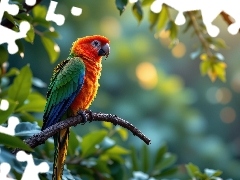 Papuga, Ptak, Liście, Grafika AI, Gałązka, Kolorowa