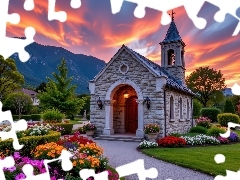 Zachód słońca, Góry, Kwiaty, Ogród, Kościół