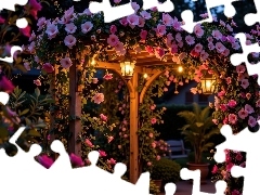 Ogrodowa, Ogród, Kwiaty, Latarnie, Różowe, Pergola