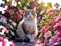 Spojrzenie, Kwiaty, Rudo-biały, Kot, Siedzący