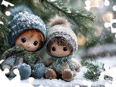 Iglaste, Lalki, Zima, Grafika AI, Gałązki, Śnieg