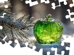 Jabłko, Zielone, Sosna, Grafika AI, Śnieg, Szklane