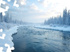 Ośnieżone, Zima, Krzewy, Śnieg, Drzewa, Rzeka