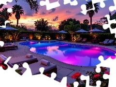 Zachód słońca, Grafika AI, Ogród, Palmy, Basen