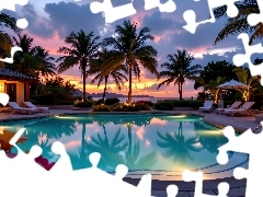 Basen, Zachód słońca, Grafika AI, Palmy