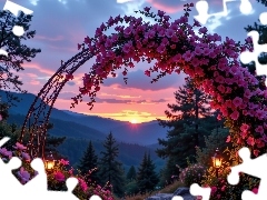 Zachód słońca, Różowe, Góry, Kwiaty, Łuk, Latarnie, Drzewa
