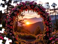 Góry, Łuk, Kolorowe, Zachód słońca, Kwiatowy, Drzewa, Kwiaty
