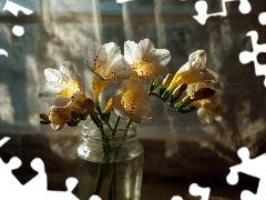 Okno, Grafika AI, Wazon, Słoik, Frezje