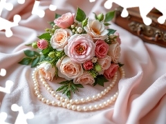 Listki, Bukiet, AI, Perły, Tkanina, Róże, Kwiaty, Naszyjnik