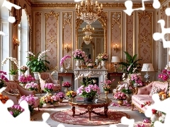 Bukiety, Salon, Kolorowe, Kwiaty, Żyrandol, Kinkiety, Stół, Fotele, Sofa