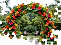 Kwiatowy, Ogród, Łuk, Żółte, Krzesła, Palmy, Kwiaty, Rośliny, Czerwone