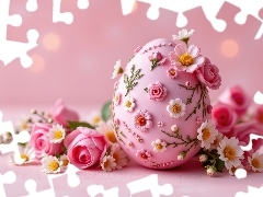 Jajko, Róże, Tło, Białe, Różowe, Różowe, Wielkanoc, Stokrotki