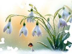 Dziewczynka, Grafika AI, Białe, Kwiaty, Przebiśniegi