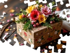 Kolorowe, Kwiaty, Gałązki, Płatki, Zielone, Pudełko, Prezent, Kwiatów