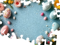 Kolorowe, Kolorowe, Niebieskie, Pisanki, Wielkanoc, Kwiaty, Tło