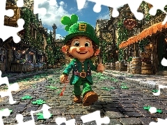 Domy, Skrzat, Listki, Leprechaun, Koniczyna, Droga, Grafika, Czapka