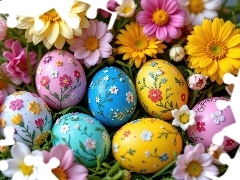 Pisanki, Wielkanoc, Żółte, Kwiaty, Różowe, Kolorowe