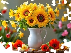 Kwiaty, Maki, Wazon, Słoneczniki