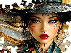 Makijaż, Kobieta, Kapelusz, Grafika, Tatuaż, Azjatka