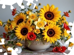 Maki, Narcyzy, Tkanina, Bukiet, Stół, Słoneczniki, Kwiaty, Wazon