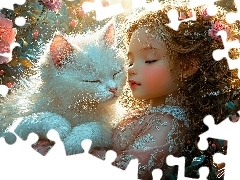 Biały, Śpiąca, Kwiaty, Grafika AI, Kot, Dziewczynka