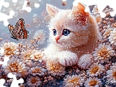 Motyle, Grafika AI, Kotek, Kwiaty, Kot