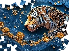 Grafika, Głowa, Kwiaty, Tygrys