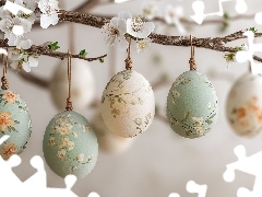 Wielkanoc, Grafika AI, Gałązka, Białe kwiaty, Pisanki