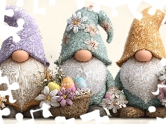 Krasnale, Koszyczki, AI, Pisanki, Grafika, Trzy, Wielkanoc, Kwiaty