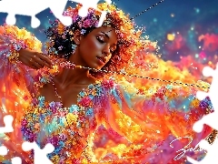 Łuk, Grafika AI, Suknia, Kwiaty, Kobieta