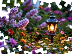 Kwiaty, Ogród, Lampa