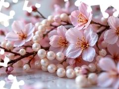 Perły, Korale, Kwiaty, Gałązki, Różowe