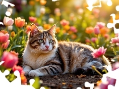 Kwiaty, Tulipany, Biało-brązowy, Kot, Leżący