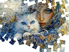 Oczy, Kobieta, Kot, Niebieskie, Grafika, Chusta, Biały