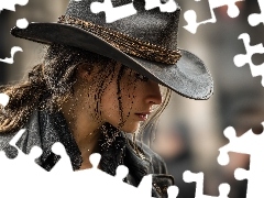 Kapelusz, Kurtka, Długie, Włosy, Kobieta