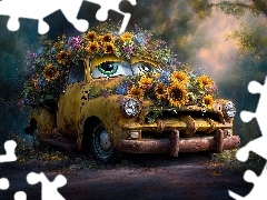 Kwiaty, Grafika AI, Stary, Samochód, Żółty