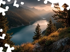 Jezioro, Drzewa, Grafika AI, Góry