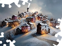 Wzgórze, Niebo, Domy, Kościół, Zima