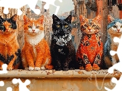 Domy, Grafika, Kolorowe, Murek, Koty