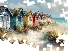Domki, Kolorowe, Morze, Grafika AI, Plaża, Domy