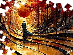 Jesień, Linie, Człowiek, Drzewa, Fantasy