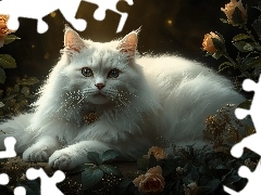 Puszysty, Kot, Róże, AI, Kwiaty, Biały