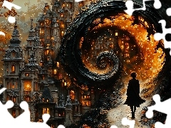 Noc, Grafika, Oświetlone, Domy, Latarnia, Fantasy, Droga, Kobieta, Spirala