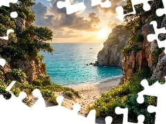 Plaża, Zatoka, Roślinność, Skały, Morze, Drzewa, AI